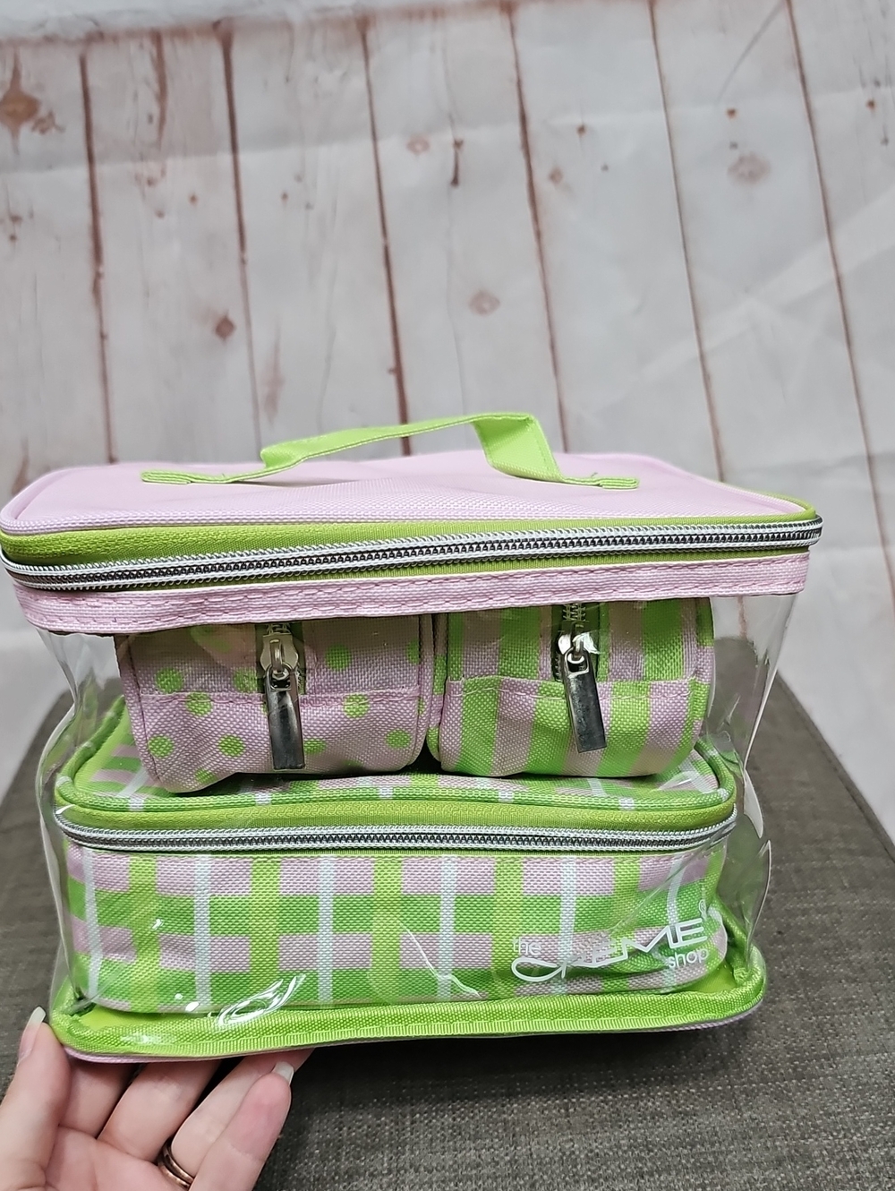 Green & Pink Clear Cosmetic Train Case